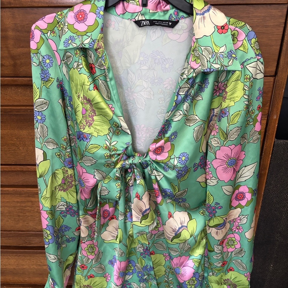 Zara Green Floral Satin shirt dress with Front Knot